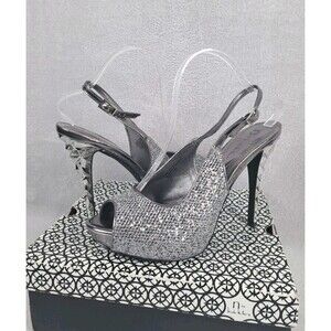 Nicole Miller Slingback Peep Toe Heels PEWTER Metallic Womens 10M Dancing NIB